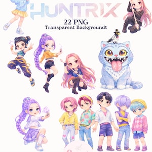 Kpop Demon Hunter Clipart Bundle - Cute Watercolor Idol Group PNG - Saja Boys - Huntrix Clipart - Korean Pop Star - Digital Download