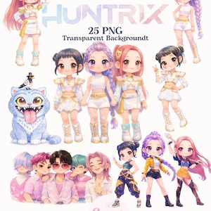 Kpop Demon Hunter Clipart Bundle - Cute Watercolor Idol Group PNG - Saja Boys  - Huntrix Clipart - Korean Pop Star - Digital Download