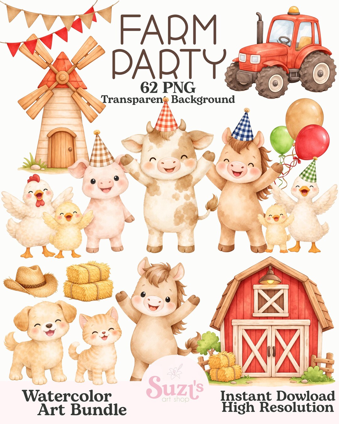 Farm Birthday Watercolor Clipart PNG, Cute Farm Animals Clipart, Cow ...