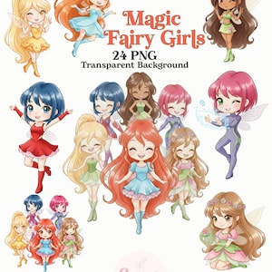 Magic Fairy Girls Clipart Bundle PNG, Cute Fairy Squad Clipart, Fantasy Fairy Characters, Musa, Aisha, Tecna, Flora, Stella and Bloom, Fairy