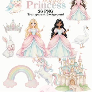 Pode incluir: Pacote de arte em aquarela com ilustrações com tema de princesa. Inclui princesas, um castelo, um unicórnio, um arco-íris, um cisne, um coelho, um pássaro e coroas. O texto diz "magic Princess 26 PNG Transparent Background Watercolor Art Bundle Instant Download High Resolution".