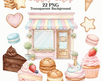 May include: Watercolor illustration of a candy shop with various sweets, including donuts, cupcakes, macarons, and cake slices. The image includes the text "Candy Shop" and "Watercolor Art Bundle".