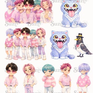 Op de afbeelding: Een verzameling digitale illustraties met vijf chibi-stijl personages met pastelkleurig haar en outfits, twee blauwbehaarde wezens met grote ogen en tongen, en een zwarte vogel met een hoge hoed, allemaal gerangschikt op een witte achtergrond.