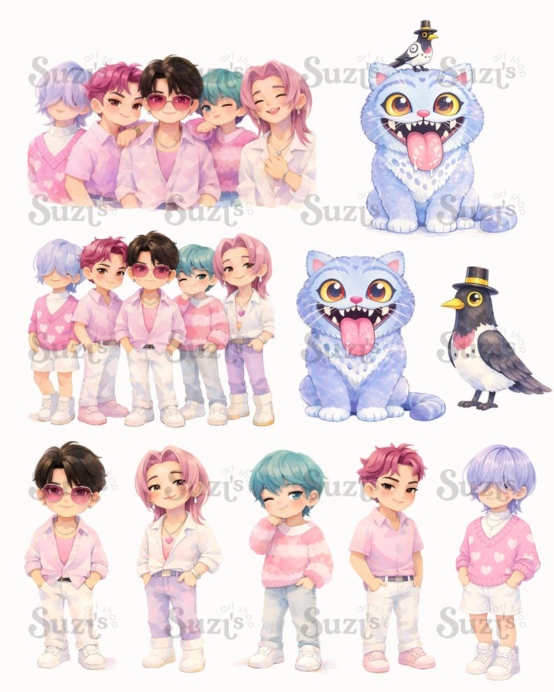 Op de afbeelding: Een verzameling digitale illustraties met vijf chibi-stijl personages met pastelkleurig haar en outfits, twee blauwbehaarde wezens met grote ogen en tongen, en een zwarte vogel met een hoge hoed, allemaal gerangschikt op een witte achtergrond.