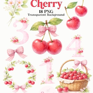 Pode incluir: Pacote de arte em aquarela com cerejas, laços rosa e detalhes florais. Inclui cerejas individuais, os números 1, 3 e 4, uma coroa e uma cesta de cerejas. O texto diz "Cherry", "18 PNG Transparent Background", "Watercolor Art Bundle" e "Instant Download High Resolution".