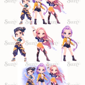 Op de afbeelding: Een verzameling chibi-stijl karakterillustraties met drie verschillende figuren: een met donker haar in knotjes, een met gevlochten paars haar in een geel jasje, en een met lang roze haar die een gloeiend zwaard vasthoudt, allemaal gelabeld met Suzi's.