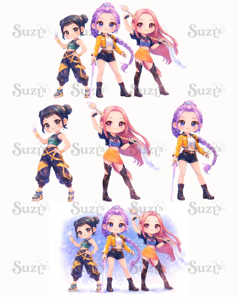 Op de afbeelding: Een verzameling chibi-stijl karakterillustraties met drie verschillende figuren: een met donker haar in knotjes, een met gevlochten paars haar in een geel jasje, en een met lang roze haar die een gloeiend zwaard vasthoudt, allemaal gelabeld met Suzi's.
