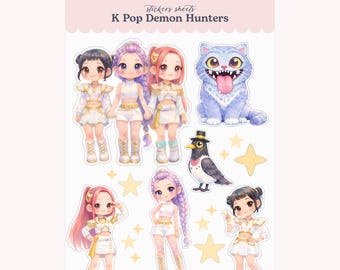 K-pop Demon Hunter stickervellen, schattige stickerpakket met kunst geïnspireerd op K-pop meidengroepen, K-pop Hunters Girls, chibi K-pop stickers