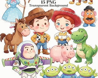 Story Friends Speelgoed Aquarel Clipart Bundel PNG, Speelgoed Cowboy en Space Ranger Clipart, Schattige Speelgoedfiguren Clipart, Kinderspeelgoed Kunst, Toy Story