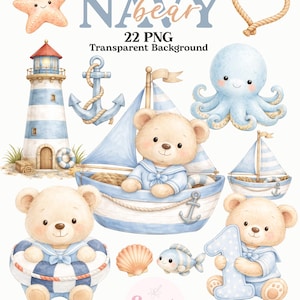 Marinbjörn Clipart Bundle PNG, Marinblå illustration, Söt björnkonst, Havsdjur PNG, Sjömansbjörn Clipart, Blått paket med nautiskt tema