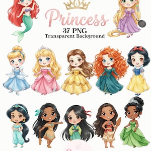 Puede incluir: Un paquete de arte en acuarela con 12 princesas de dibujos animados con varios vestidos y peinados. La imagen incluye el texto "Princess", "37 PNG Transparent Background", "Watercolor Art Bundle", "Instant Download High Resolution" y el nombre de la tienda.