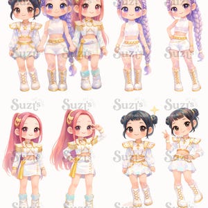 Op de afbeelding: Een verzameling van acht chibi-stijl karakterillustraties met figuren met diverse kapsels, waaronder vlechten en knotjes, gekleed in witte en gouden outfits met crop tops, rokken en laarzen, allemaal gemarkeerd met de tekst Suzi's art shop.