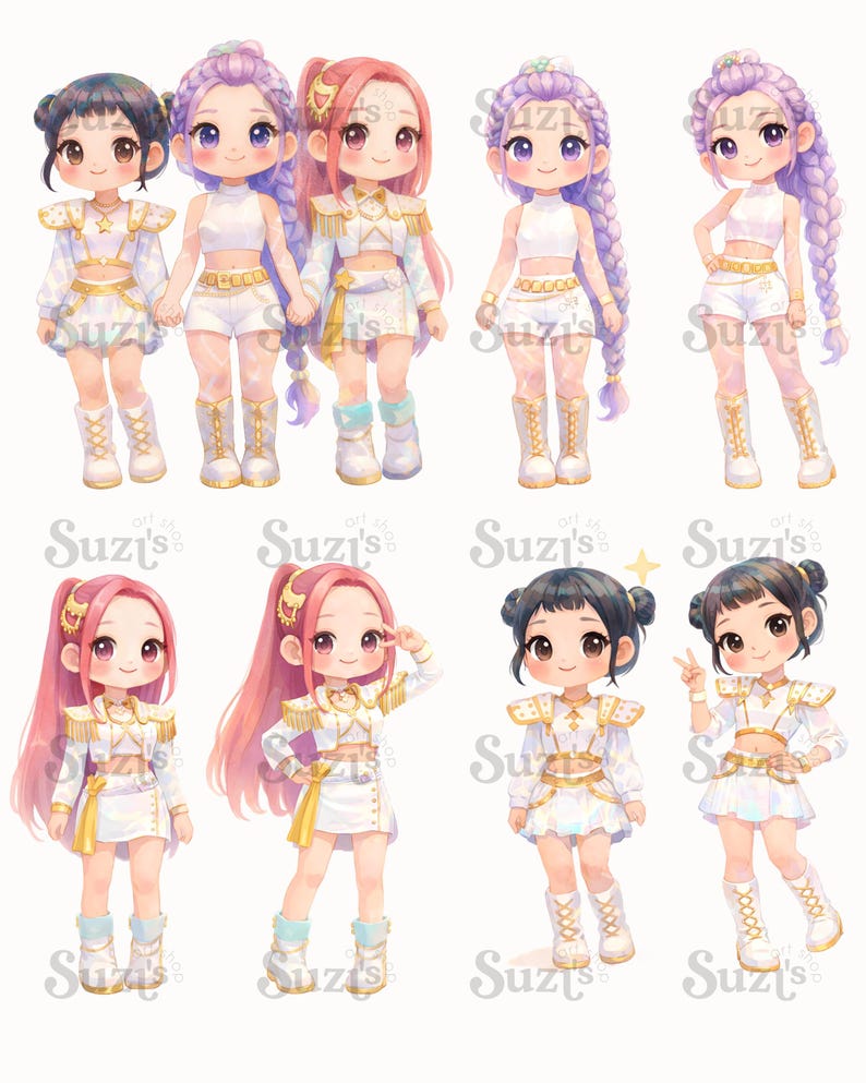Op de afbeelding: Een verzameling van acht chibi-stijl karakterillustraties met figuren met diverse kapsels, waaronder vlechten en knotjes, gekleed in witte en gouden outfits met crop tops, rokken en laarzen, allemaal gemarkeerd met de tekst Suzi's art shop.