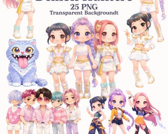 K-Pop Demon Hunter Clipart Bundel, Leuke Idol Fantasy Clipart, Kunst geïnspireerd op K-Pop meidengroepen, K-Pop Hunters Girls, Chibi K-Pop Illustraties PNG
