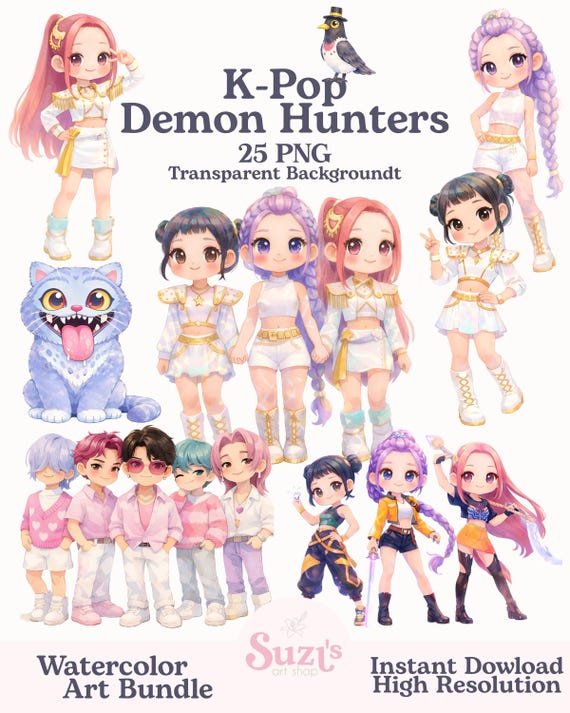 KPop Demon Hunter Clipart Bundle, Cute Idol Fantasy Clipart, Kpop Girl Group Inspired Art, Kpop Hunters Girls, Chibi K Pop Illustrations PNG