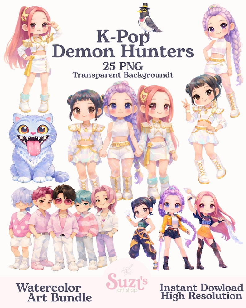 Op de afbeelding: Een digitale kunstcollectie getiteld K-Pop Demon Hunters met 25 PNG-bestanden met transparante achtergronden. De set bevat diverse chibi-stijl personages in witte en kleurrijke outfits, een blauw katachtig wezen en een vogel, aangeduid als Watercolor Art Bundle.