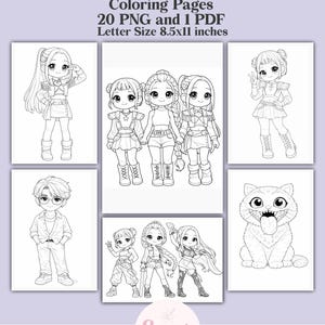 Op de afbeelding: Een verzameling zwart-wit kleurplaten met het thema K-Pop Demon Hunters. De pagina's bevatten illustraties van anime-achtige personages en een kat. De tekst op de afbeelding luidt "Coloring Pages" en "Letter Size 8.5x11 inches".