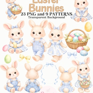 Pode incluir: Pacote de arte em aquarela com coelhinhos da Páscoa em macacões e vestidos azuis, segurando ovos e cestas. A imagem inclui o texto "Easter Bunnies" e "Watercolor Art Bundle".