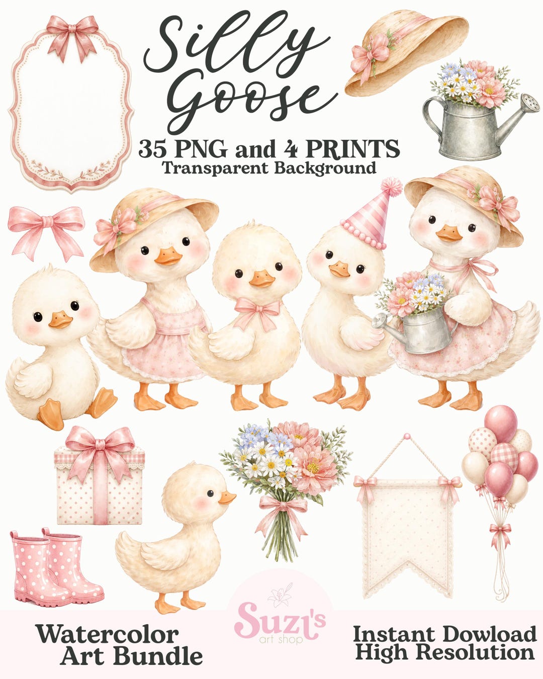 Silly Goose Clipart Bundle, Watercolor Girl Goose Clipart, Silly Pink ...