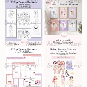 K-Pop Demon Hunter Clipart Bundel, Leuke Idol Fantasy Clipart, Kunst geïnspireerd op K-Pop meidengroepen, K-Pop Hunters Girls, Chibi K-Pop Illustraties PNG afbeelding 8
