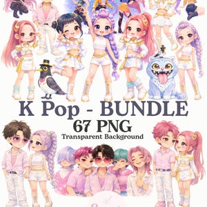 KPop Demon Hunter Clipart-paket, 67 PNG:er, söt idolfantasi-clipart, Kpop-tjejgruppinspirerad konst, Kpop-jägarflickor, K-pop-illustrationer