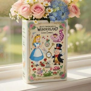 Disney Alice in Wonderland keramische boekenvaas, Curiouser and Curiouser Mad Hatter-bloempot, vintage Alice-boekenplankdecor