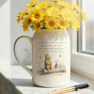 Jarrón inspirado en Winnie the Pooh con cita inspiradora, jarrón de cerámica para flores, decoración acogedora para la sala de estar, maceta de agradecimiento.