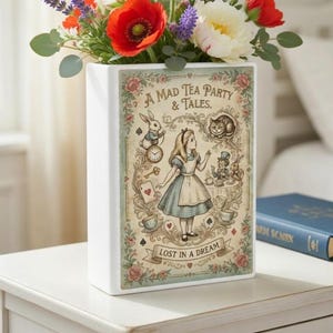 Alice in Wonderland Book Vase, Mad Tea Party Ceramic Flower Pot, Vintage Storybook Decor, Classic Alice Decor, Wonderland Nursery Vase