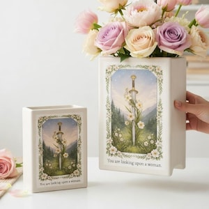 Sword Ceramic Book Vase, Feminist Literature Gift, Sword and Wildflowers Fantasy Decor, Aesthetic Bookish Flower Pot