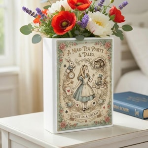 Vaso a forma di libro di Alice nel Paese delle Meraviglie, vaso in ceramica per fiori del Mad Tea Party, decorazione vintage a tema libri di fiabe, decorazione classica di Alice, vaso per la cameretta a tema Paese delle Meraviglie