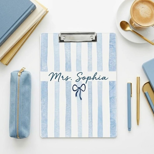 Personalized Blue Striped Teacher Acrylic Clipboard, Custom Name Clipboard for Teacher, Coquette Teacher Supplies
