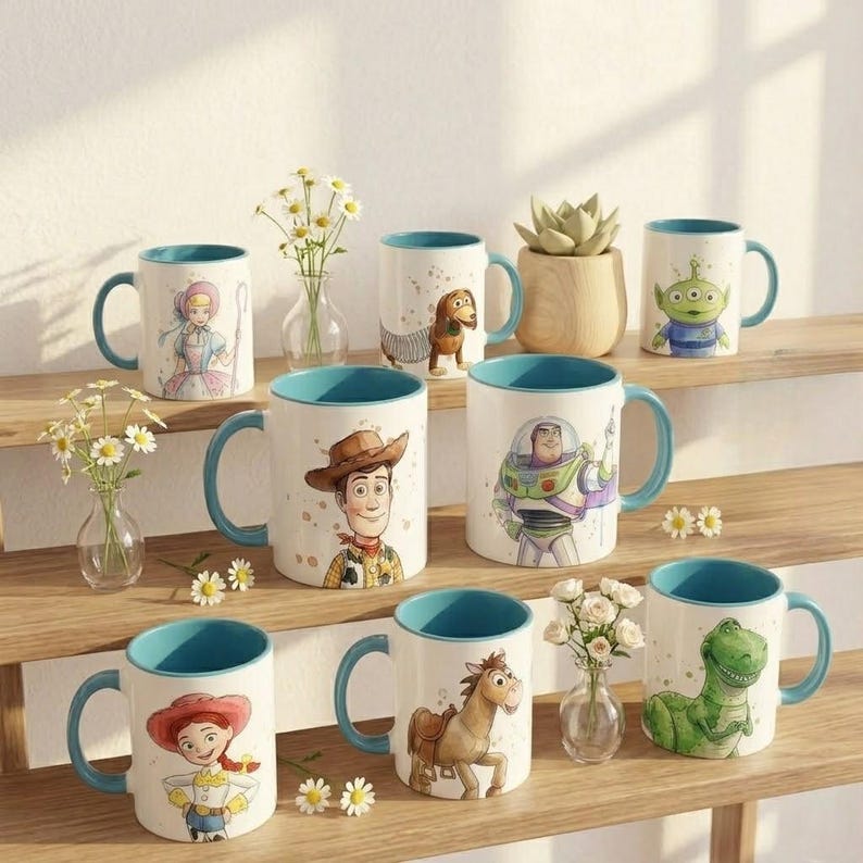 May include: A collection of white ceramic mugs with teal interiors and handles, each featuring a different Toy Story character illustration including Woody, Buzz Lightyear, Jessie, Rex, Slinky Dog, Bo Peep, and an alien, arranged on wooden shelves.