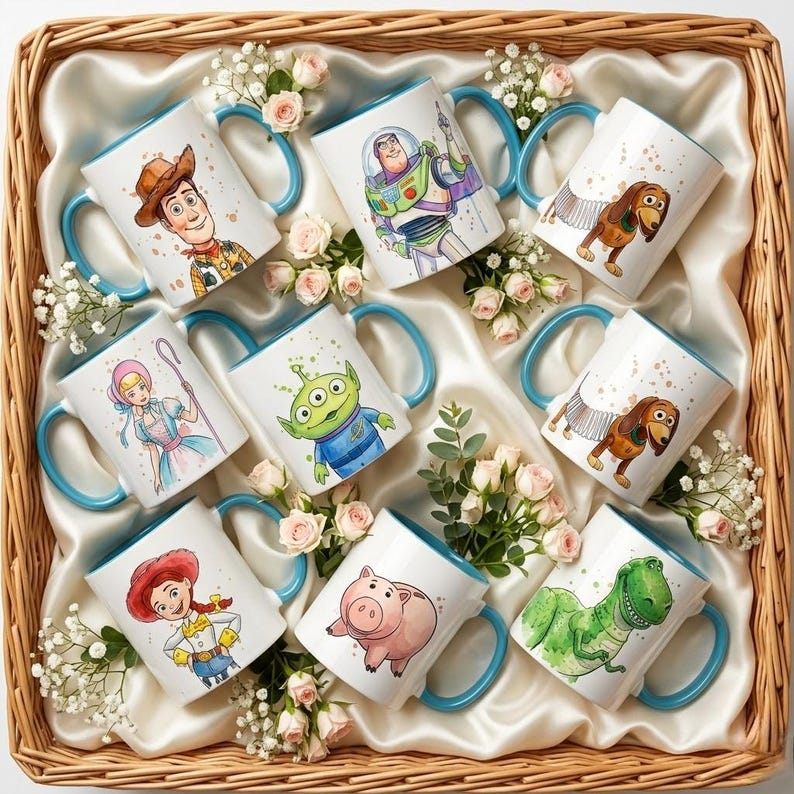 May include: A collection of nine white ceramic mugs with light blue handles, each featuring a different colorful cartoon character illustration, arranged in a wicker basket lined with cream-colored fabric and decorated with small pink roses.