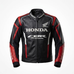 Könnte beinhalten: Eine schwarze Motorradjacke aus Leder mit roten und weißen Akzenten. Auf der Vorderseite befinden sich das Honda-Logo, das Wort Honda und der Schriftzug CBR Fireblade. Kragen und Ärmel zeigen ebenfalls den Markennamen Honda.