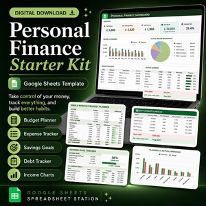 Op de afbeelding: Een digitale Google Sheets-sjabloon voor een persoonlijke financiële starterskit op een laptopscherm. De interface bevat een dashboard met financiële grafieken, een maandelijkse budgetplanner, een schuld- en spaartracker en inkomstenoverzichten.