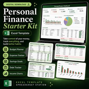 Op de afbeelding: Een digitale Excel-sjabloon voor persoonlijke financiën, weergegeven op een laptopscherm en diverse zwevende kaarten. De interface bevat een dashboard, maandelijkse budgetplanner, schuldenteller, spaardoelen en grafieken voor uitgaven.