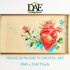 Könnte beinhalten: Gerahmter digitaler Kunstdruck mit einer Aquarellillustration eines menschlichen Herzens und Rosen. Das Kunstwerk hat einen goldenen Rahmen und einen beigen Hintergrund mit blauen Akzenten. Der Text "PREMIUM FRAME TV DIGITAL ART" steht unten. Größe: 3840 x 2160 Pixel.