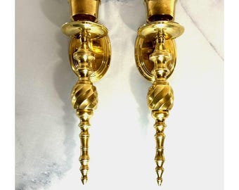 Vintage Set Of 2 Matching Solid Brass Wall Sconce Candle Stick Holders 12" Tall