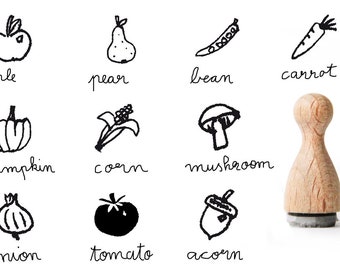 tomato stamp mini, mushroom rubber stamp, apple rubberstamp, pear rubber-stamp, bean, carrot, pumpkin, corn, mushroom, onion, tomato,