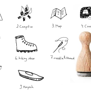 Camping rubber stamp, tent stamp, Gift for camping, Caravan stamp, needle and thread, bratwurst stamp