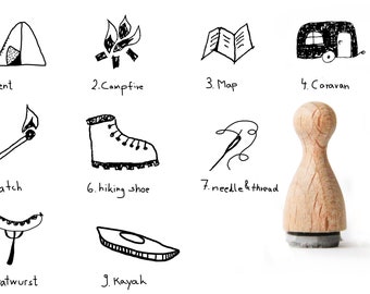 Camping rubber stamp, tent stamp, Gift for camping, Caravan stamp, needle and thread, bratwurst stamp