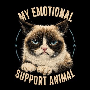 May include: A graphic design on a black background featuring a portrait of a grumpy-looking cat with blue eyes. The text MY EMOTIONAL is arched above the cat, and the text SUPPORT ANIMAL is arched below, framed by two small blue stars.