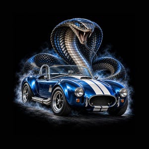 May include: A metallic blue convertible sports car with dual white racing stripes, positioned in front of a large, coiled, silver and blue cobra snake with its hood flared and mouth open, all surrounded by wisps of blue smoke on a black background.