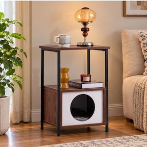 May include: A two-tier side table with a dark wood grain finish and a black metal frame. The top surface holds a patterned mug and a lamp with a brown glass shade. The lower shelf features a white enclosed cubby with a circular opening.