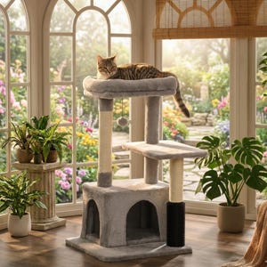 May include: A multi-level cat tree featuring a plush grey top perch, a central platform, and a bottom enclosed cubby. The structure includes two sisal-wrapped scratching posts, a hanging toy ball, and a black textured scratching base section.