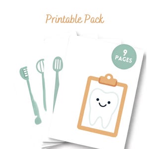 Peut inclure: Un pack imprimable Dentist Dramatic Play composé de 9 pages. Les feuilles présentent des illustrations d'outils dentaires vert sauge et un presse-papiers beige avec un graphique de dent souriante blanche. Le texte indique DENTIST DRAMATIC PLAY.