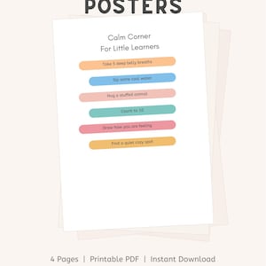 Könnte beinhalten: Ein Set von Calm Corner Posters for Little Learners mit sechs farbigen horizontalen Balken und Textanweisungen: Take 5 deep belly breaths, Sip some cool water, Hug a stuffed animal, Count to 10, Draw how you are feeling, Find a quiet cozy spot.