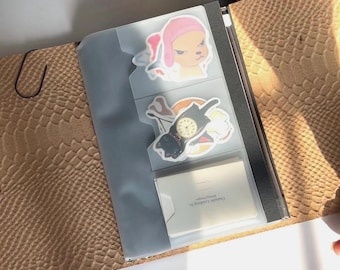 Funda transparente con cremallera para diarios de viaje con tarjeteros.