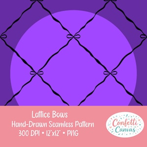 以下が含まれることがあります： 紫色の背景に、黒いリボンと蝶結びの格子デザインが施されたシームレスパターン。デザインには大きな紫色の円が含まれています。「Lattice Bows」と「Hand-Drawn Seamless Pattern」のテキストも含まれています。