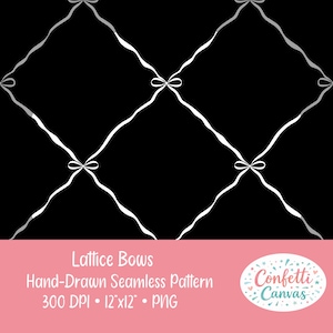 Könnte beinhalten: Schwarz-weißes nahtloses Muster mit einem Gitterdesign und weißen Schleifen. Das handgezeichnete Muster misst 30,48 cm x 30,48 cm. Der Text "Lattice Bows" wird am unteren Rand des Bildes angezeigt.